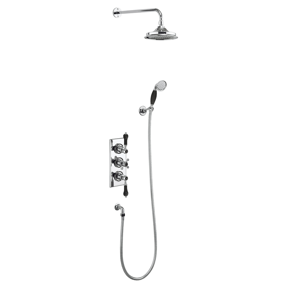 Trent Thermostatic Two Outlet Concealed Shower Valve , Fixed Shower Arm, Handset & Holder with Hose with 6 inch rose Black indices